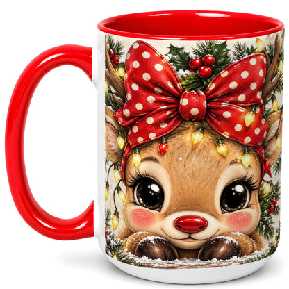 #pl[15oz|Red] Cute Christmas Reindeer Coffee Mug, Holiday Deer Mug, Ceramic Cup