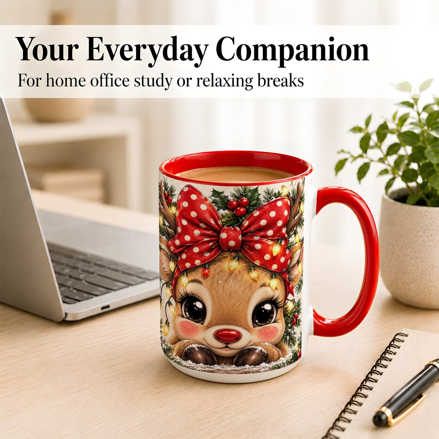 #pl[15oz|Red] Cute Christmas Reindeer Coffee Mug, Holiday Deer Mug, Ceramic Cup