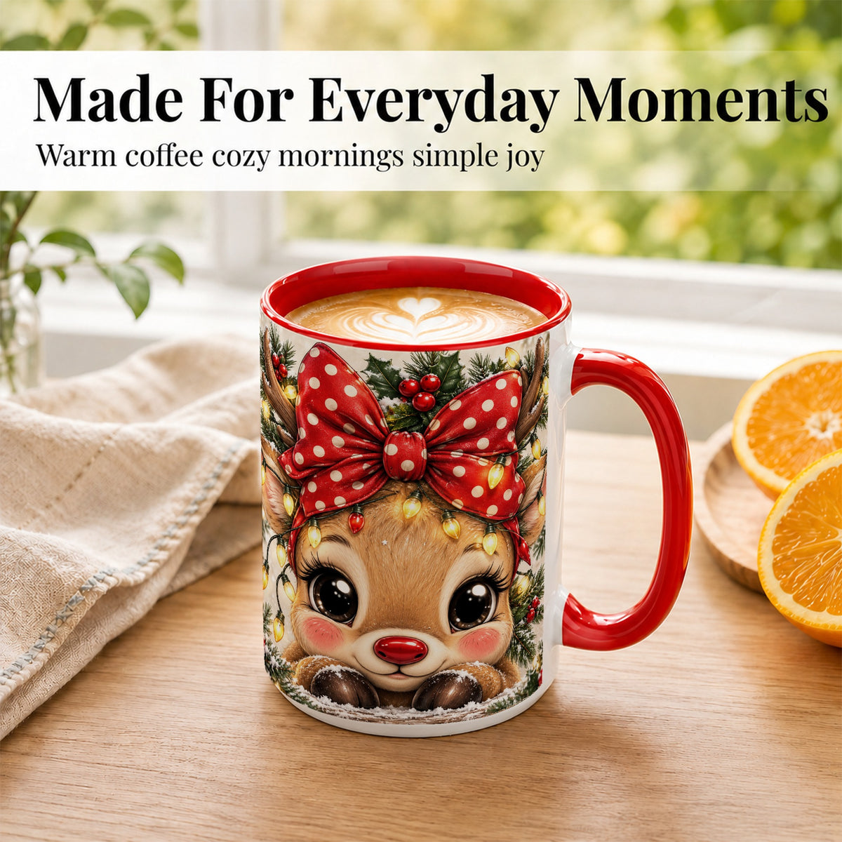#pl[15oz|Red] Cute Christmas Reindeer Coffee Mug, Holiday Deer Mug, Ceramic Cup