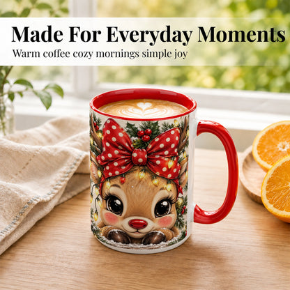 #pl[15oz|Red] Cute Christmas Reindeer Coffee Mug, Holiday Deer Mug, Ceramic Cup