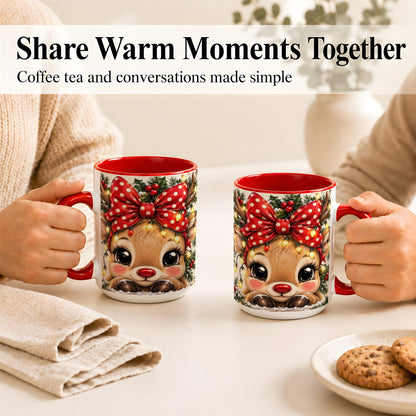 #pl[15oz|Red] Cute Christmas Reindeer Coffee Mug, Holiday Deer Mug, Ceramic Cup