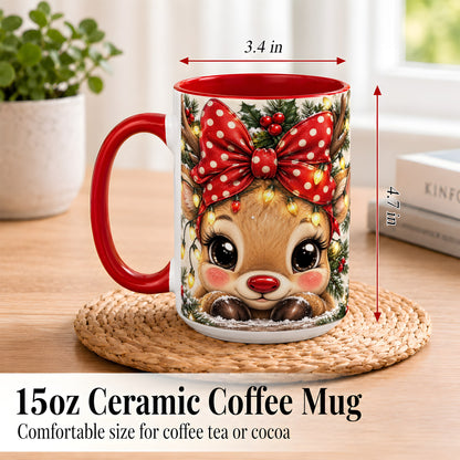 #pl[15oz|Red] Cute Christmas Reindeer Coffee Mug, Holiday Deer Mug, Ceramic Cup
