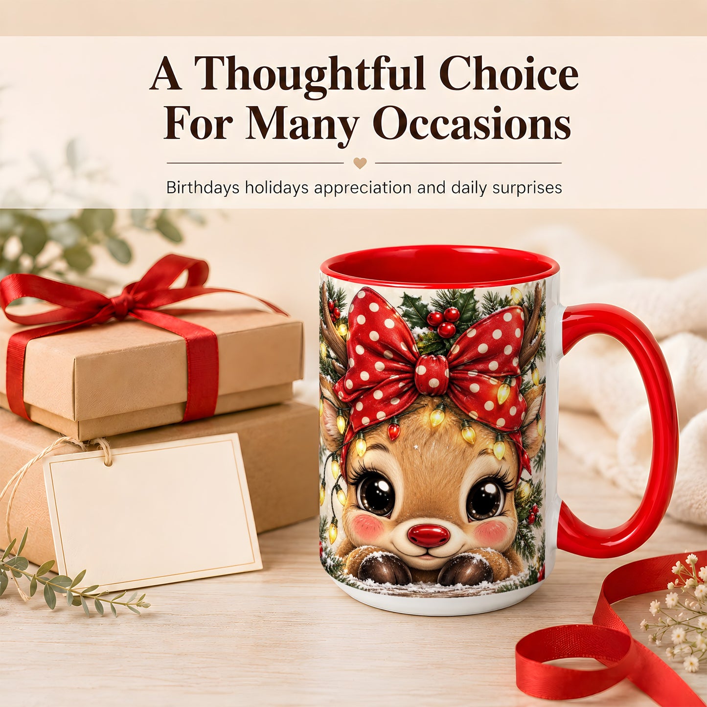 #pl[15oz|Red] Cute Christmas Reindeer Coffee Mug, Holiday Deer Mug, Ceramic Cup