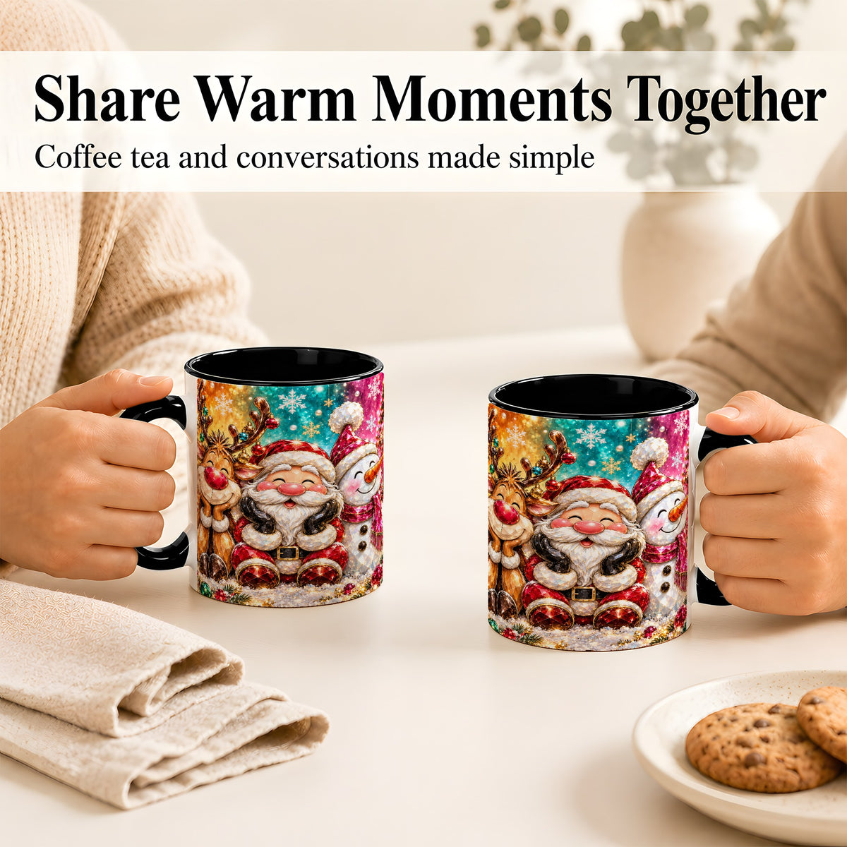 #pl[11oz|Black] Santa Reindeer Snowman Coffee Mug, Christmas Friends Mug, Ceramic Cup
