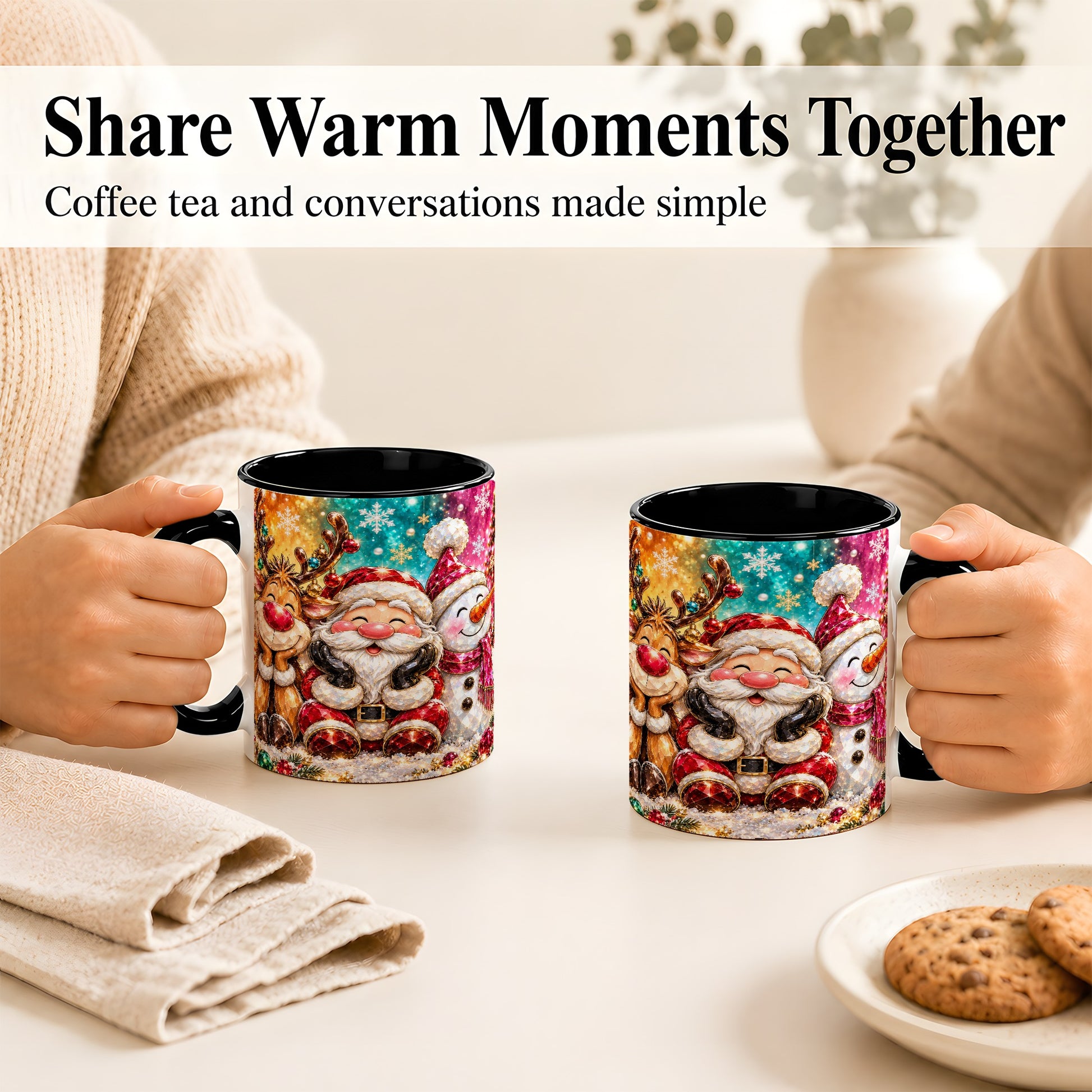 #pl[11oz|Black] Santa Reindeer Snowman Coffee Mug, Christmas Friends Mug, Ceramic Cup