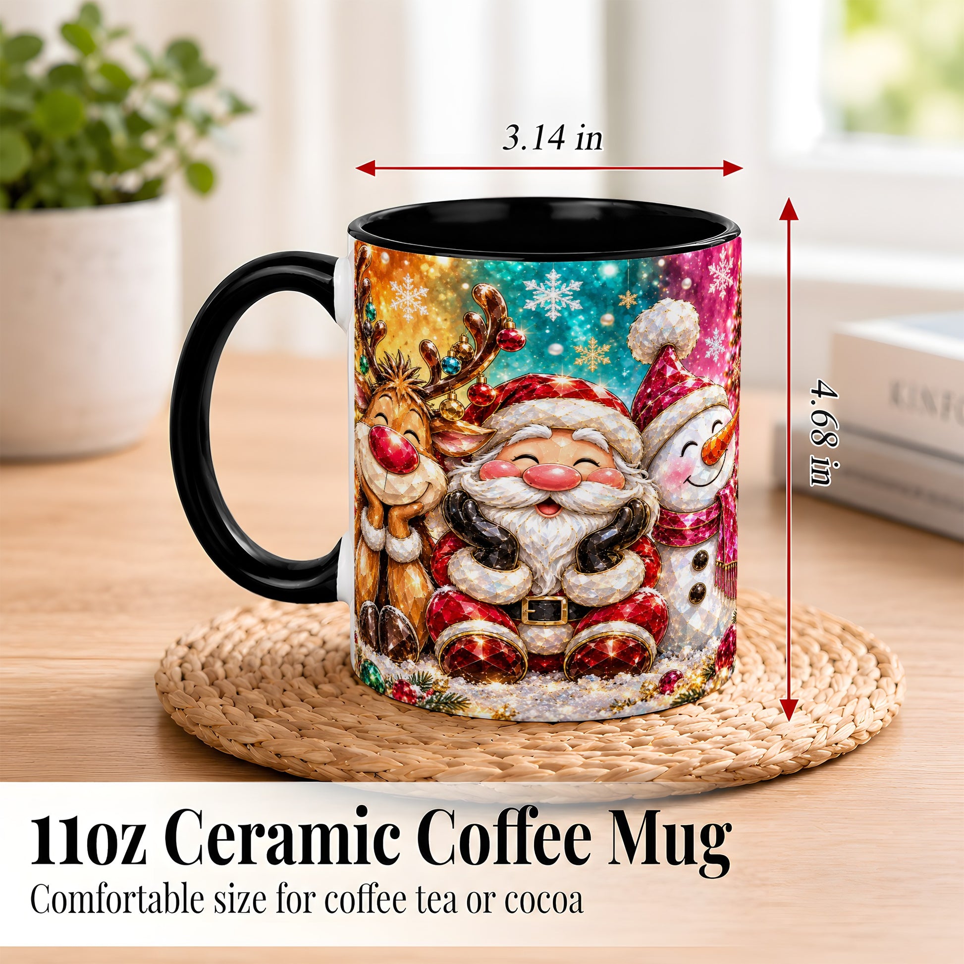 #pl[11oz|Black] Santa Reindeer Snowman Coffee Mug, Christmas Friends Mug, Ceramic Cup