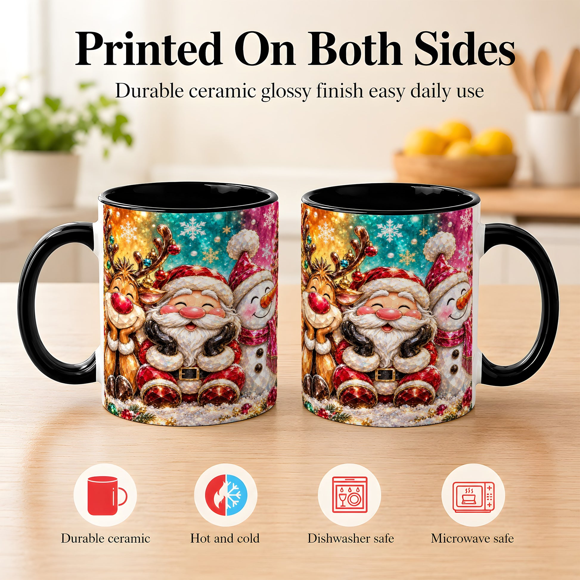 #pl[11oz|Black] Santa Reindeer Snowman Coffee Mug, Christmas Friends Mug, Ceramic Cup