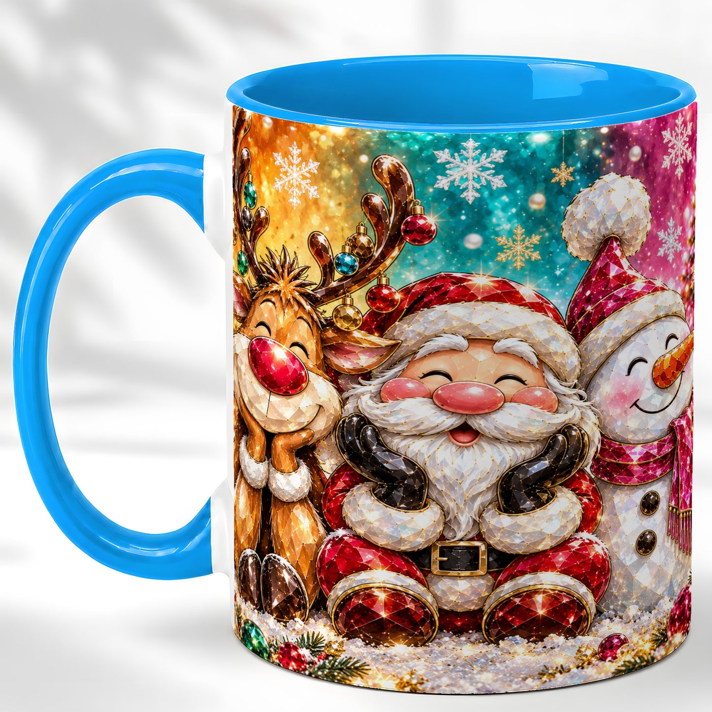 #pl[11oz|Blue] Santa Reindeer Snowman Coffee Mug, Christmas Friends Mug, Ceramic Cup