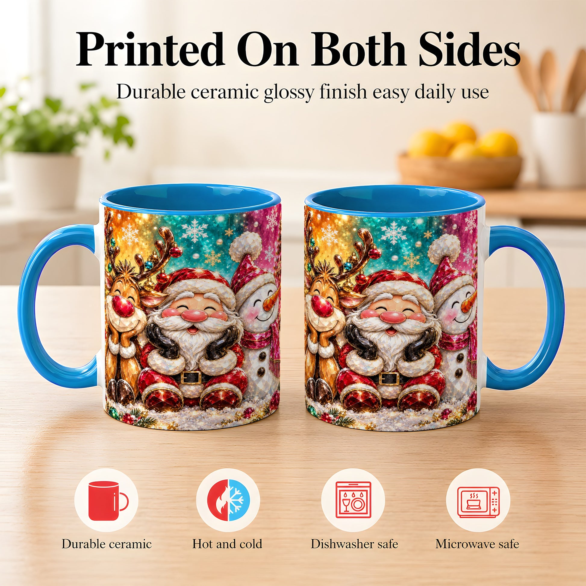 #pl[11oz|Blue] Santa Reindeer Snowman Coffee Mug, Christmas Friends Mug, Ceramic Cup