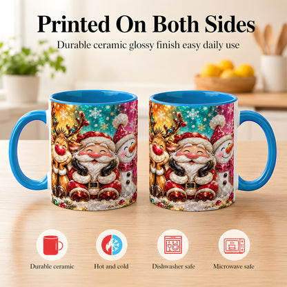 #pl[11oz|Blue] Santa Reindeer Snowman Coffee Mug, Christmas Friends Mug, Ceramic Cup