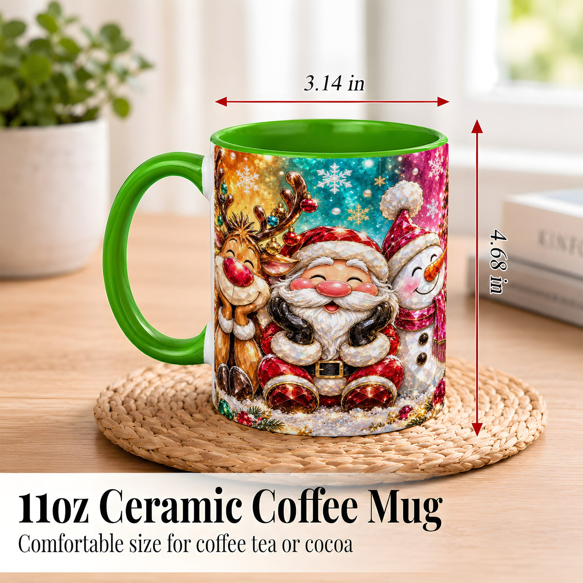 #pl[11oz|Green] Santa Reindeer Snowman Coffee Mug, Christmas Friends Mug, Ceramic Cup