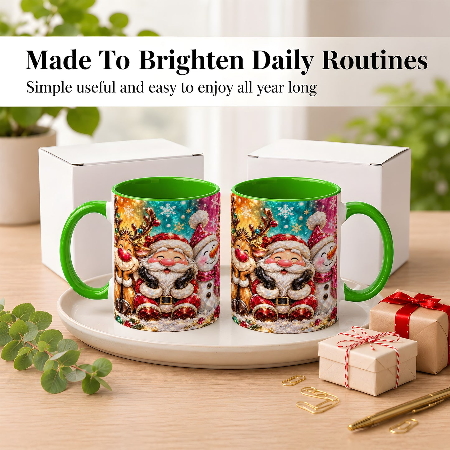 #pl[11oz|Green] Santa Reindeer Snowman Coffee Mug, Christmas Friends Mug, Ceramic Cup
