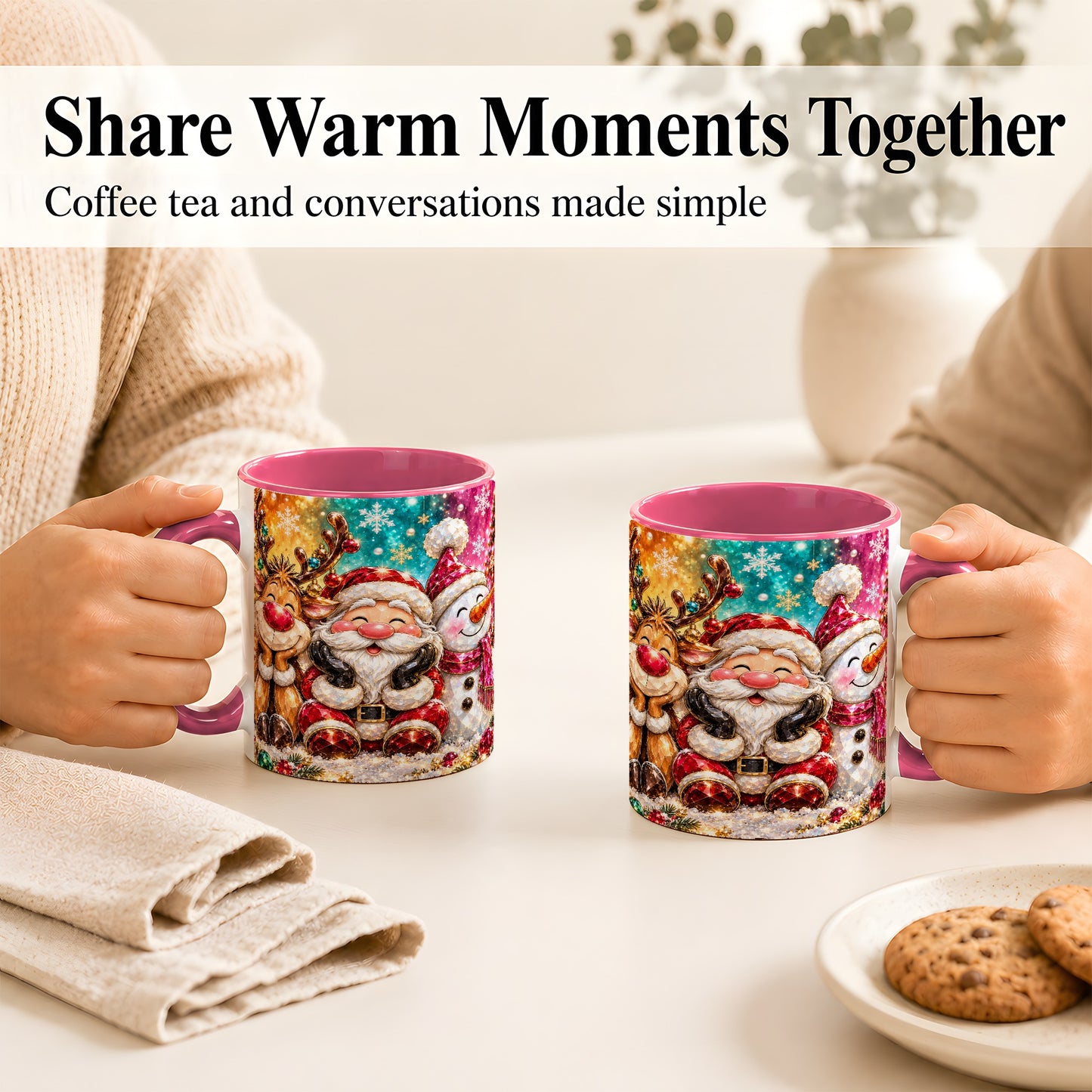 #pl[11oz|Pink] Santa Reindeer Snowman Coffee Mug, Christmas Friends Mug, Ceramic Cup