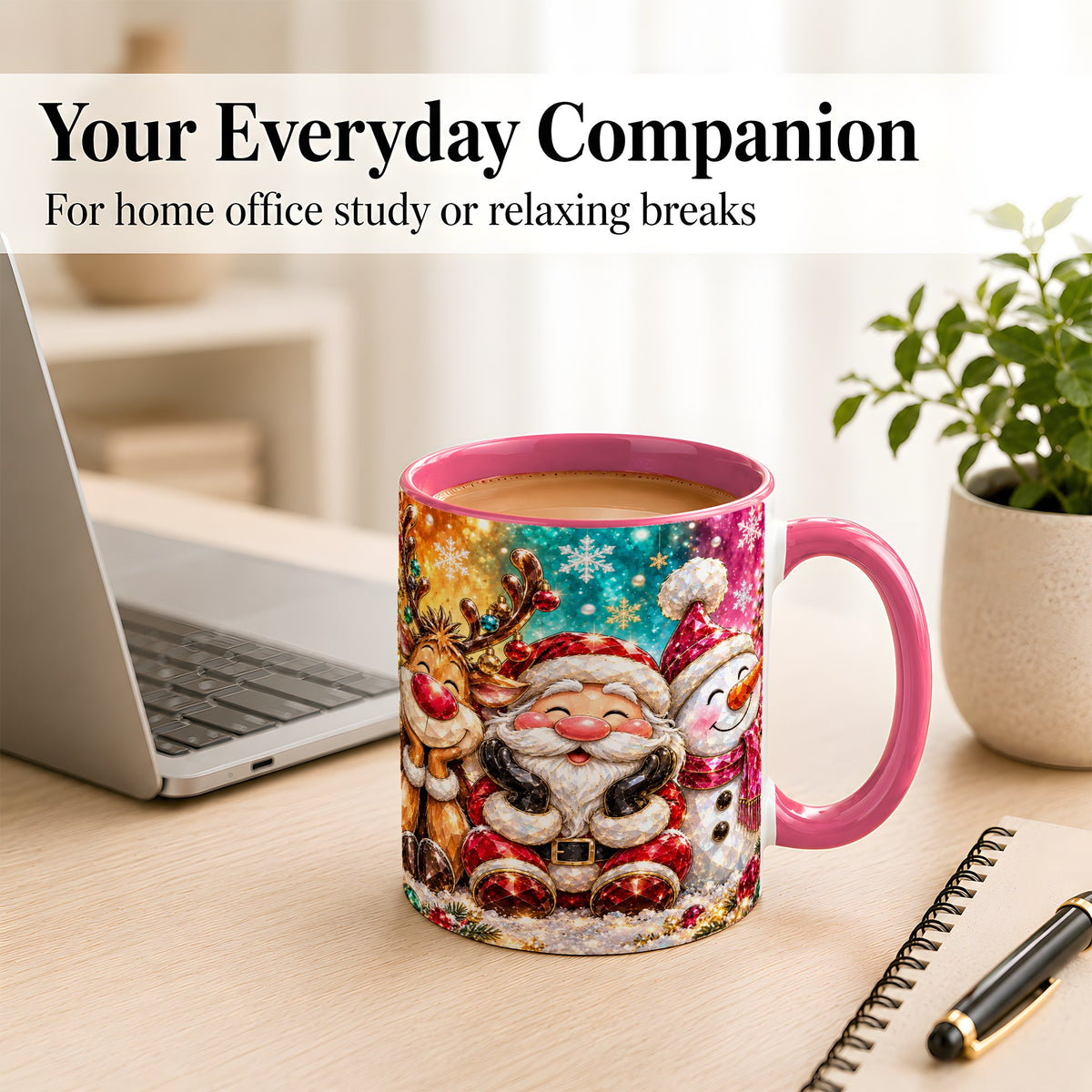 #pl[11oz|Pink] Santa Reindeer Snowman Coffee Mug, Christmas Friends Mug, Ceramic Cup