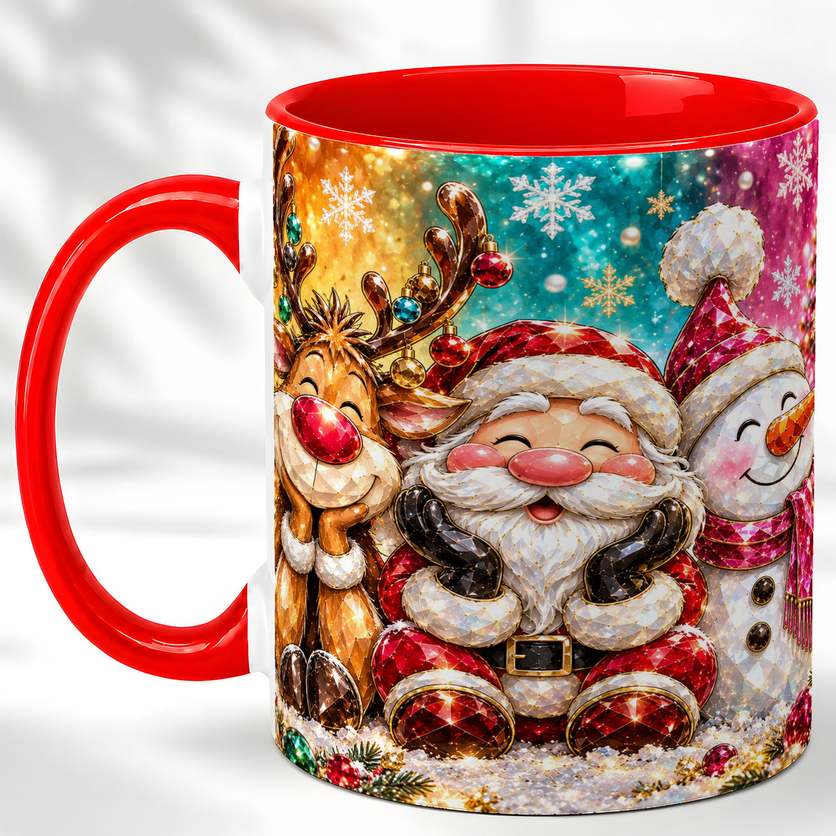 Santa Reindeer Snowman Coffee Mug, Christmas Friends Mug, Ceramic Cup