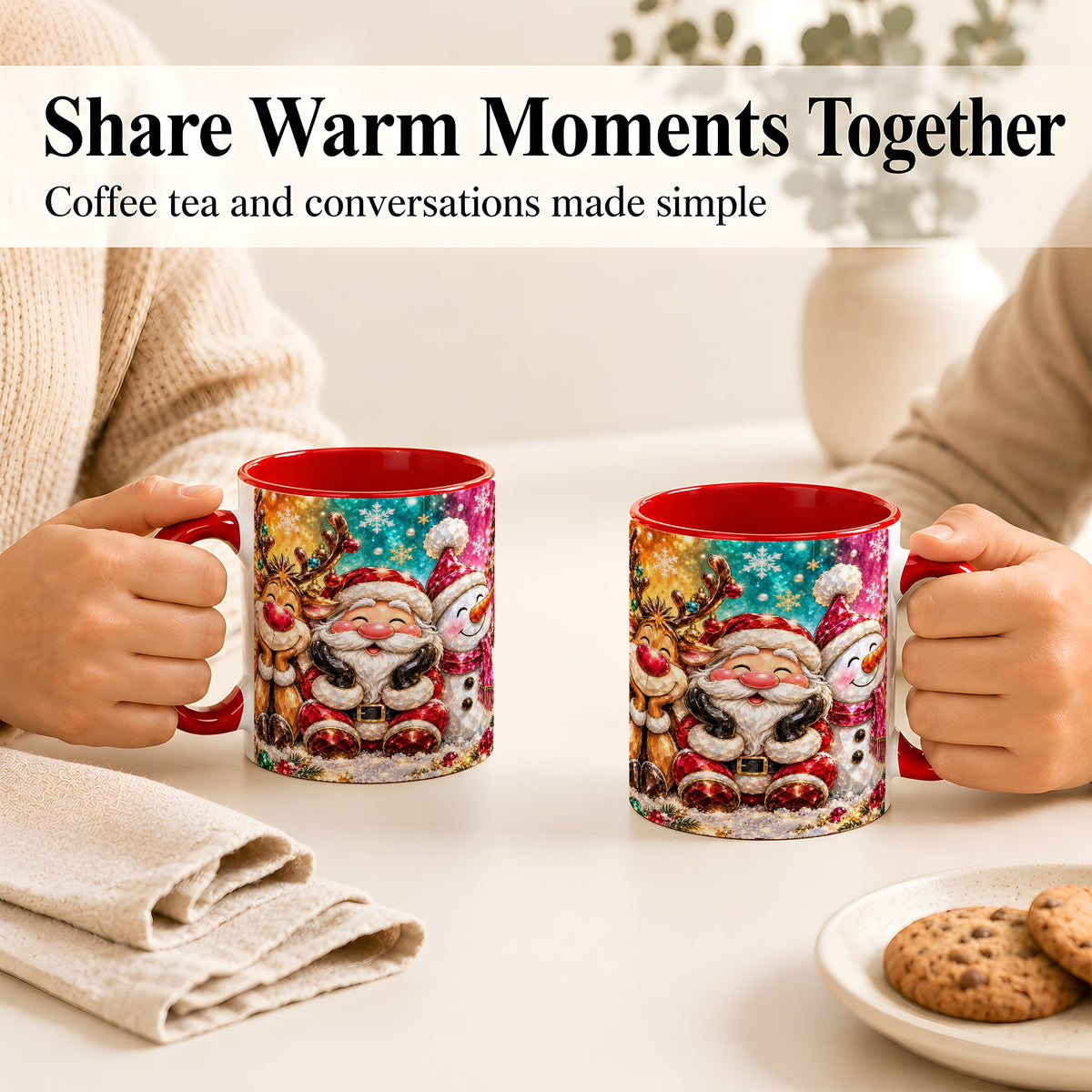 #pl[11oz|Red] Santa Reindeer Snowman Coffee Mug, Christmas Friends Mug, Ceramic Cup