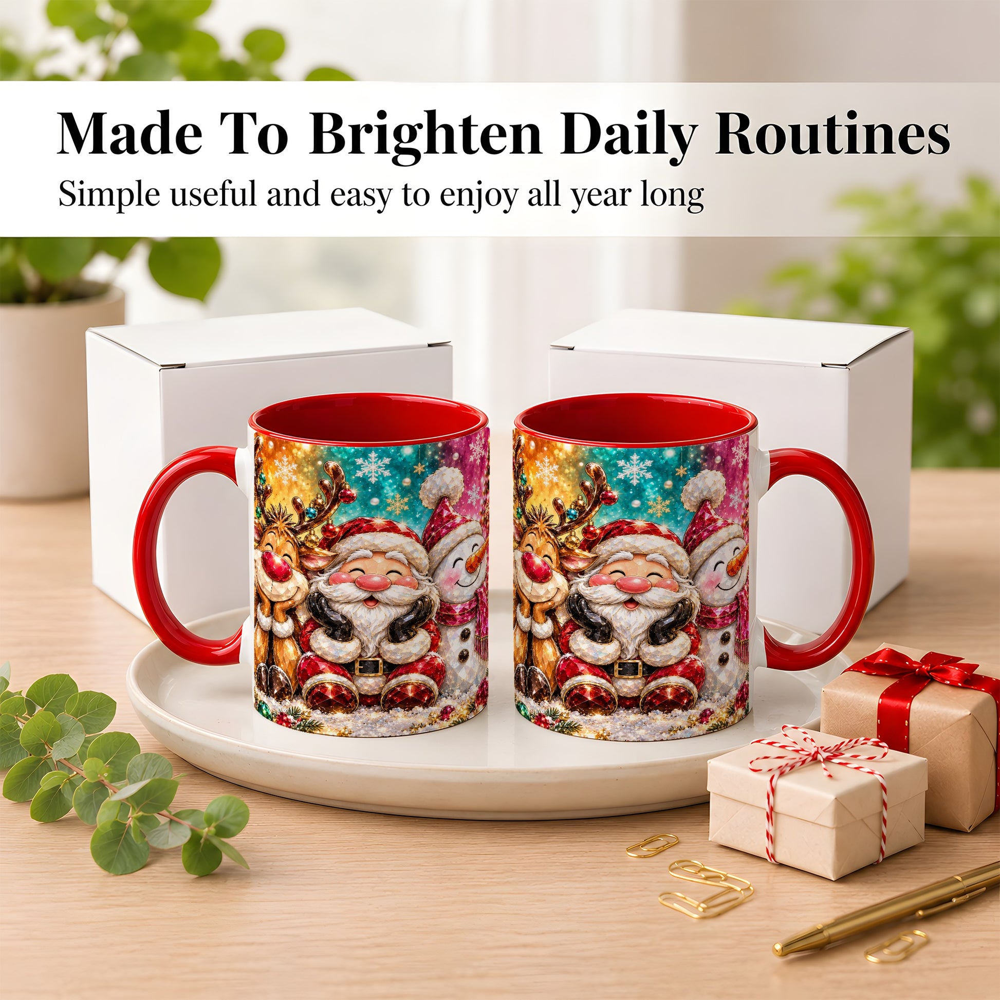 #pl[11oz|Red] Santa Reindeer Snowman Coffee Mug, Christmas Friends Mug, Ceramic Cup