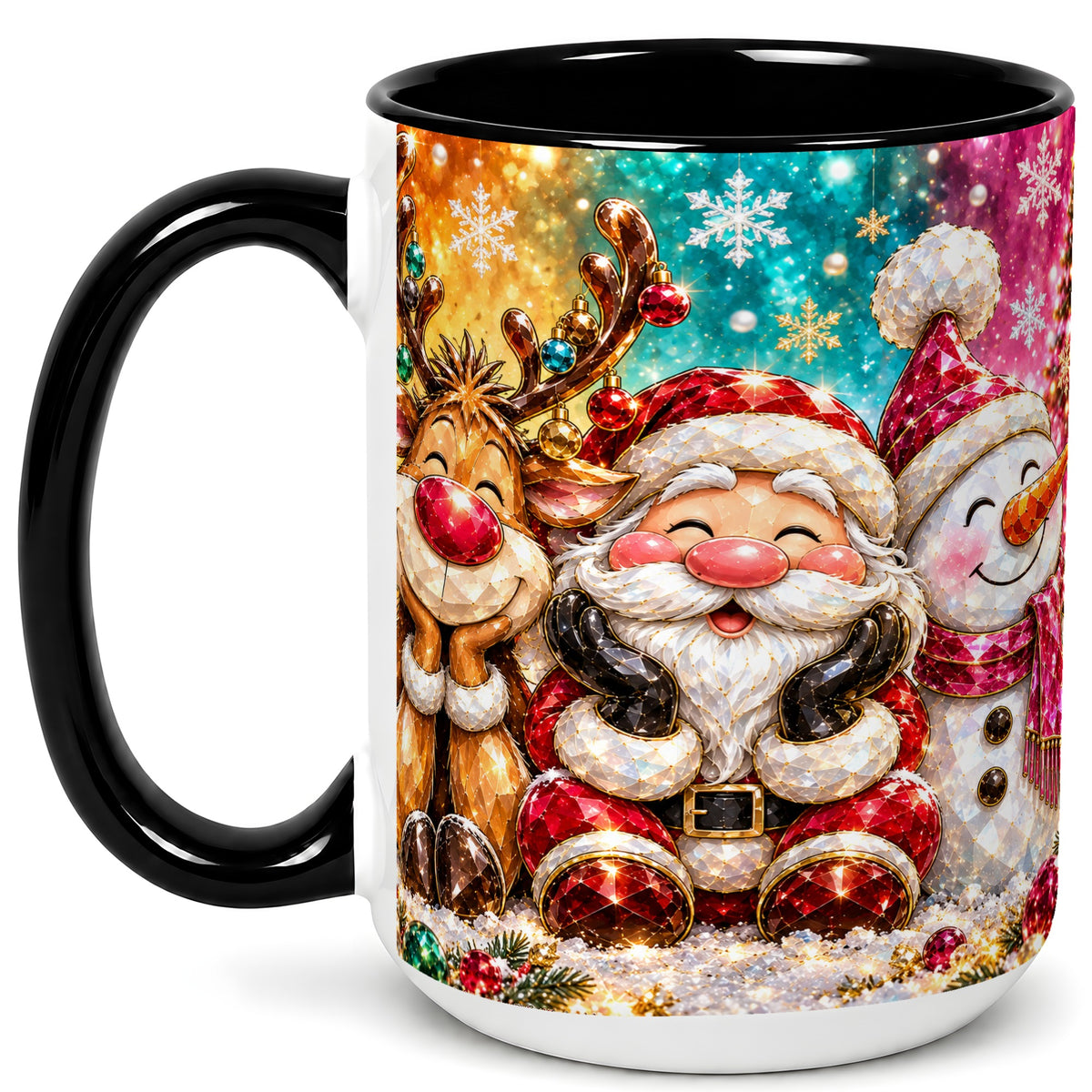 #pl[15oz|Black] Santa Reindeer Snowman Coffee Mug, Christmas Friends Mug, Ceramic Cup