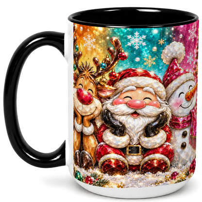 #pl[15oz|Black] Santa Reindeer Snowman Coffee Mug, Christmas Friends Mug, Ceramic Cup
