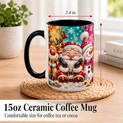 #pl[15oz|Black] Santa Reindeer Snowman Coffee Mug, Christmas Friends Mug, Ceramic Cup