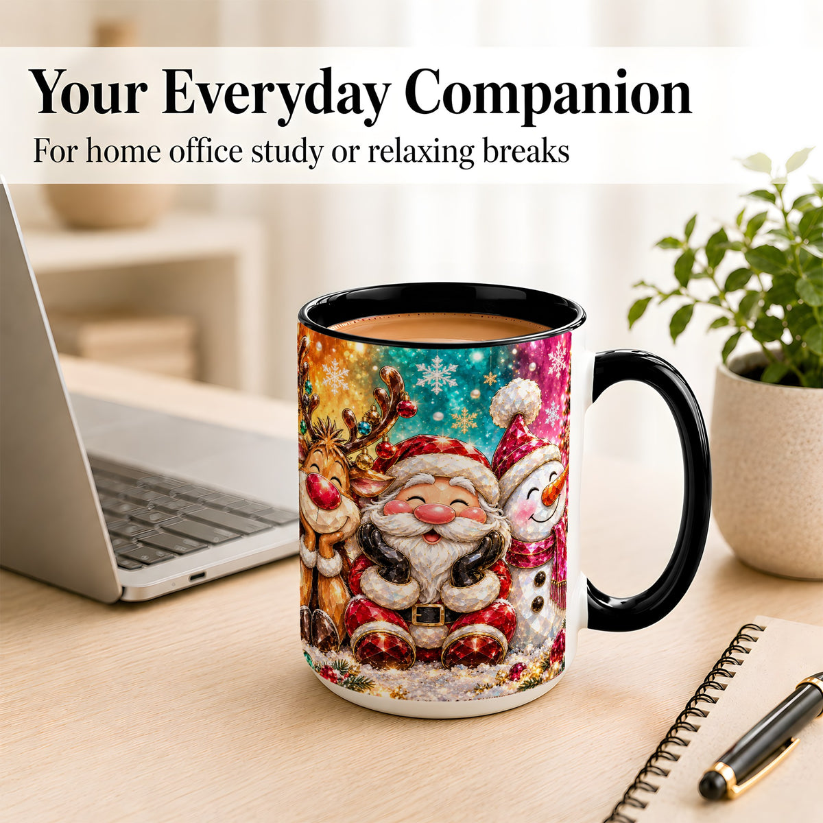 #pl[15oz|Black] Santa Reindeer Snowman Coffee Mug, Christmas Friends Mug, Ceramic Cup