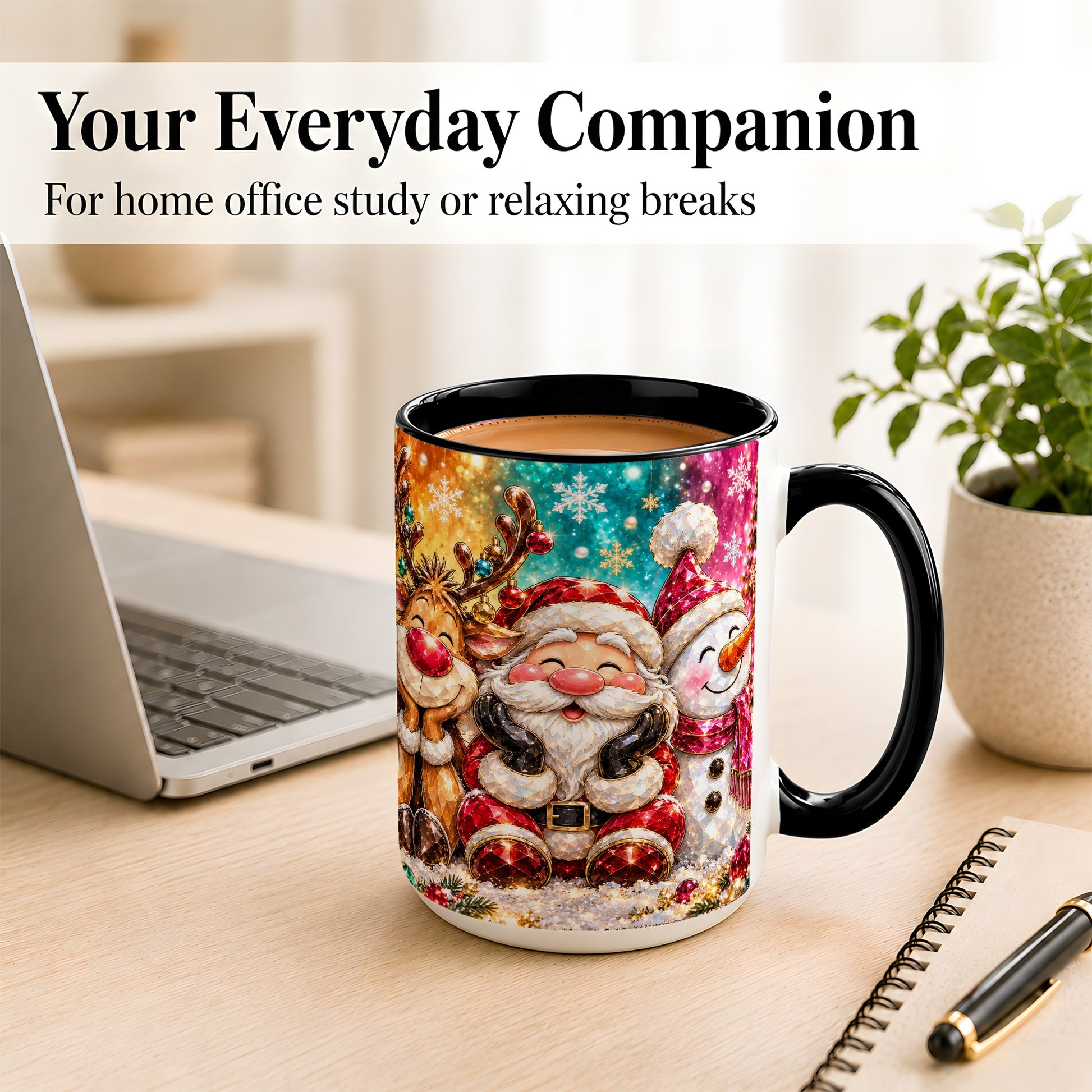 #pl[15oz|Black] Santa Reindeer Snowman Coffee Mug, Christmas Friends Mug, Ceramic Cup