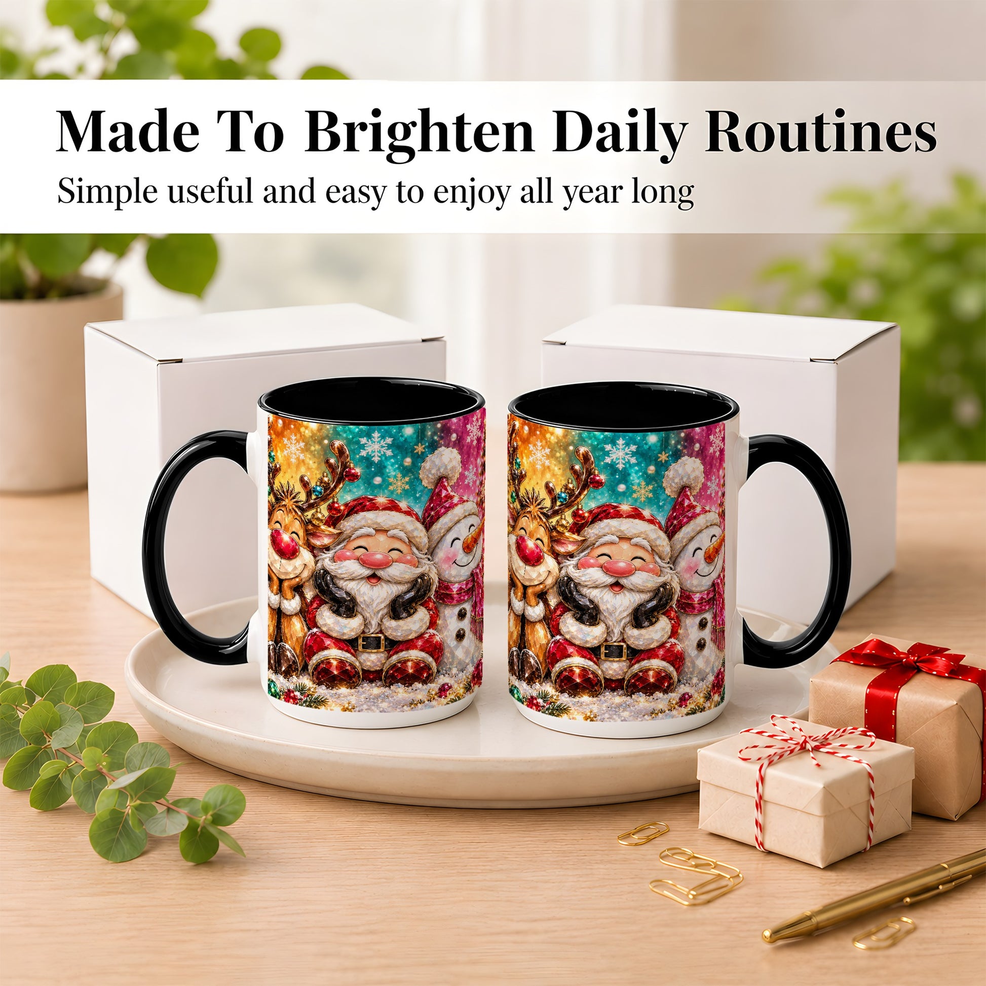 #pl[15oz|Black] Santa Reindeer Snowman Coffee Mug, Christmas Friends Mug, Ceramic Cup