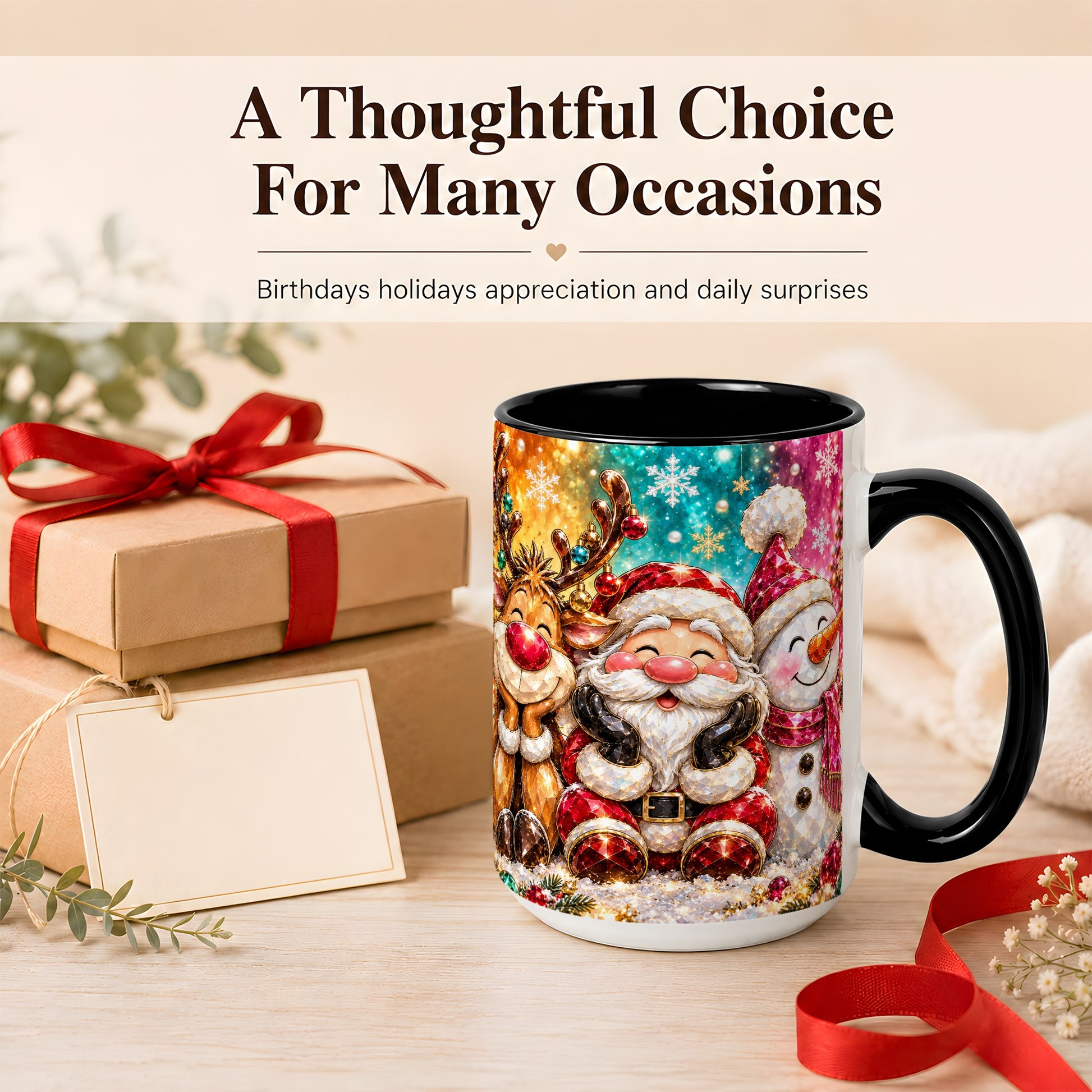 #pl[15oz|Black] Santa Reindeer Snowman Coffee Mug, Christmas Friends Mug, Ceramic Cup
