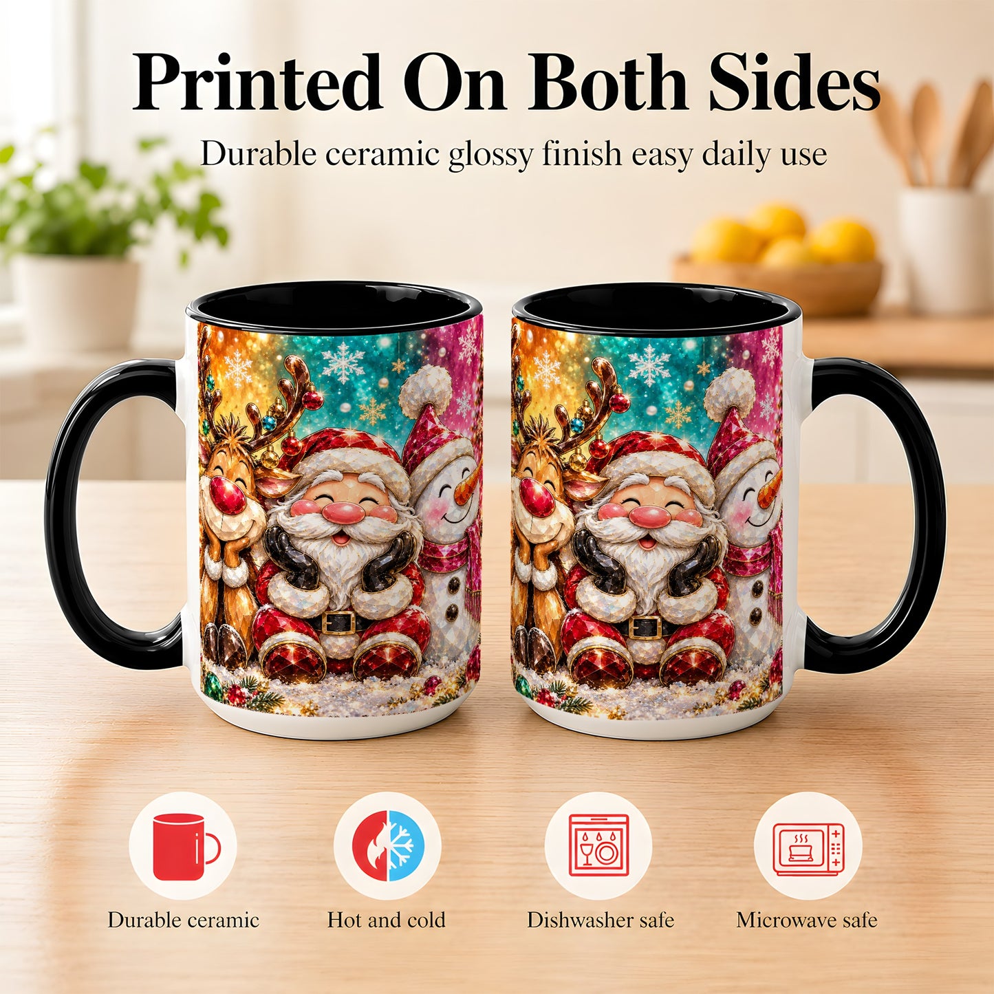 #pl[15oz|Black] Santa Reindeer Snowman Coffee Mug, Christmas Friends Mug, Ceramic Cup