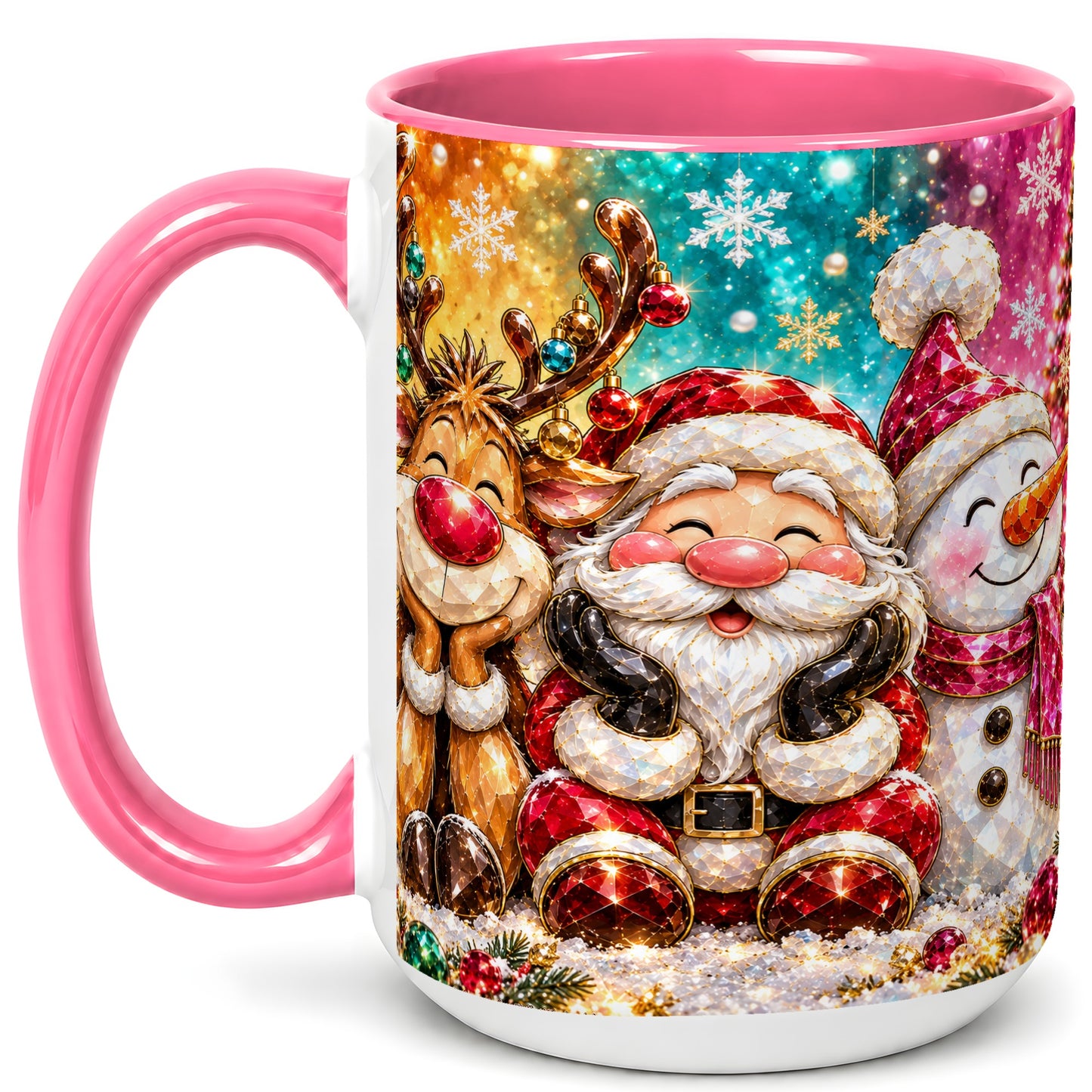 #pl[15oz|Pink] Santa Reindeer Snowman Coffee Mug, Christmas Friends Mug, Ceramic Cup