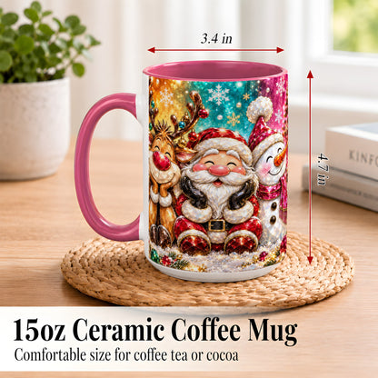 #pl[15oz|Pink] Santa Reindeer Snowman Coffee Mug, Christmas Friends Mug, Ceramic Cup