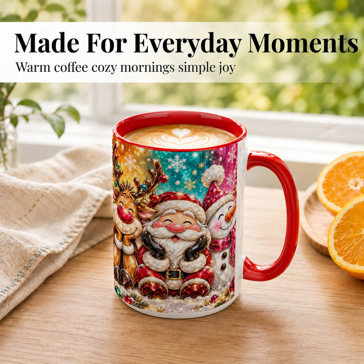 #pl[15oz|Red] Santa Reindeer Snowman Coffee Mug, Christmas Friends Mug, Ceramic Cup