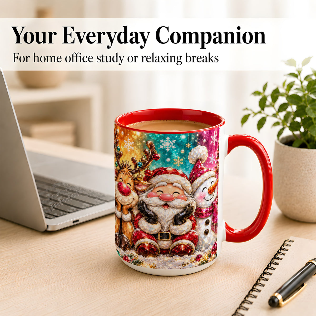 #pl[15oz|Red] Santa Reindeer Snowman Coffee Mug, Christmas Friends Mug, Ceramic Cup
