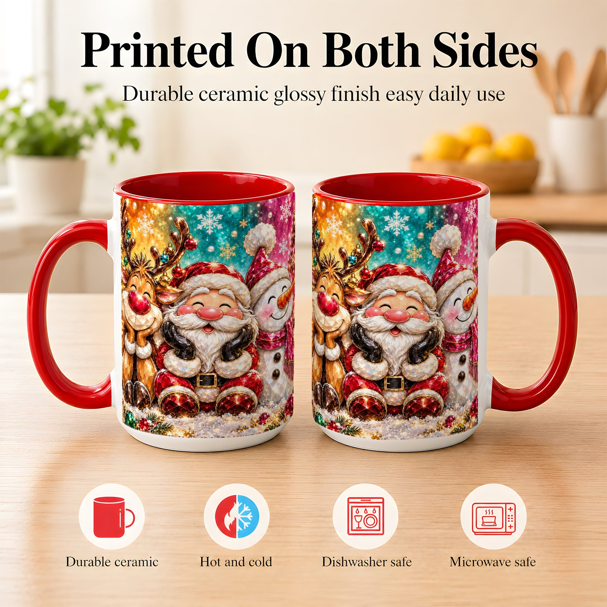 #pl[15oz|Red] Santa Reindeer Snowman Coffee Mug, Christmas Friends Mug, Ceramic Cup
