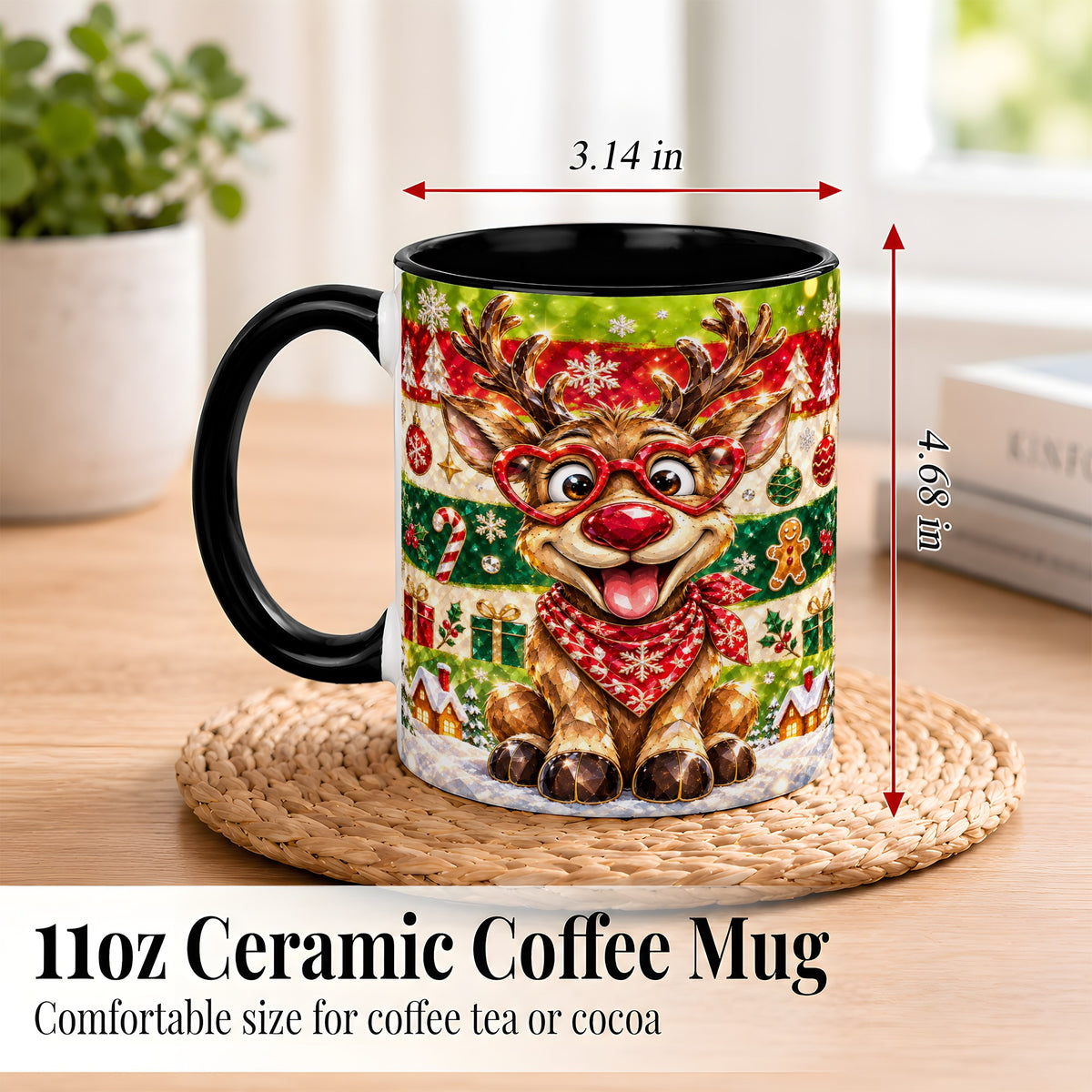 #pl[11oz|Black] Funny Christmas Reindeer Coffee Mug, Heart Glasses Mug, Ceramic Cup