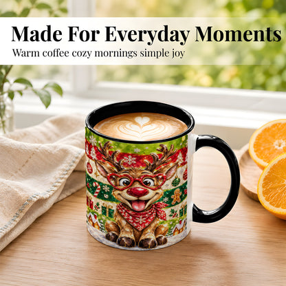 #pl[11oz|Black] Funny Christmas Reindeer Coffee Mug, Heart Glasses Mug, Ceramic Cup