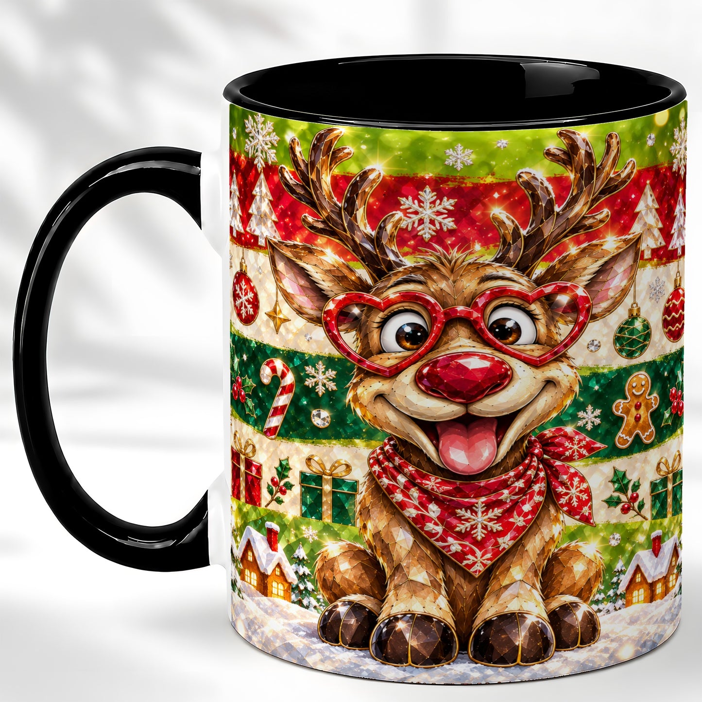 #pl[11oz|Black] Funny Christmas Reindeer Coffee Mug, Heart Glasses Mug, Ceramic Cup