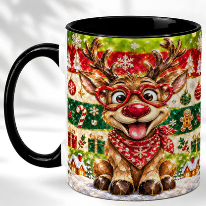 #pl[11oz|Black] Funny Christmas Reindeer Coffee Mug, Heart Glasses Mug, Ceramic Cup