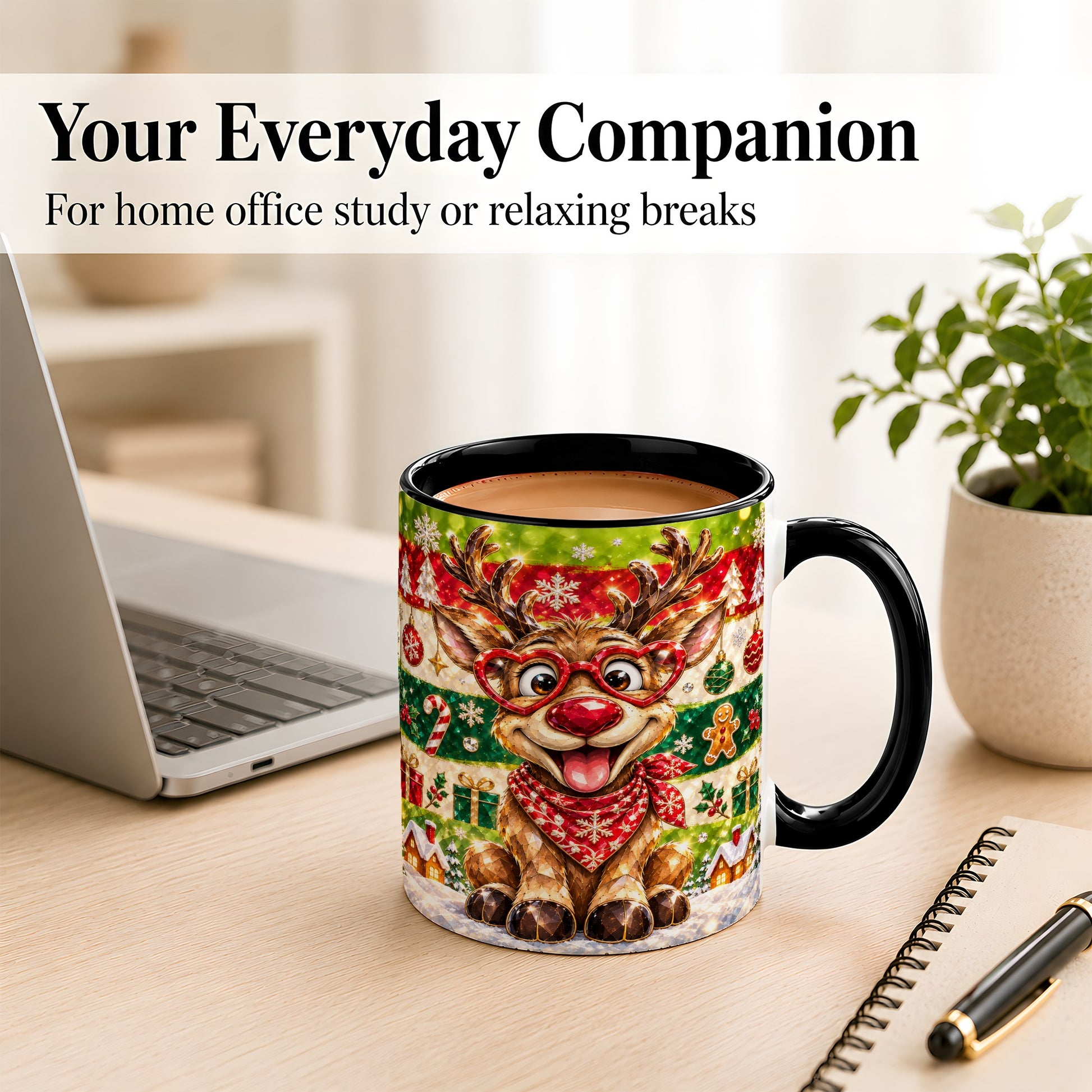 #pl[11oz|Black] Funny Christmas Reindeer Coffee Mug, Heart Glasses Mug, Ceramic Cup