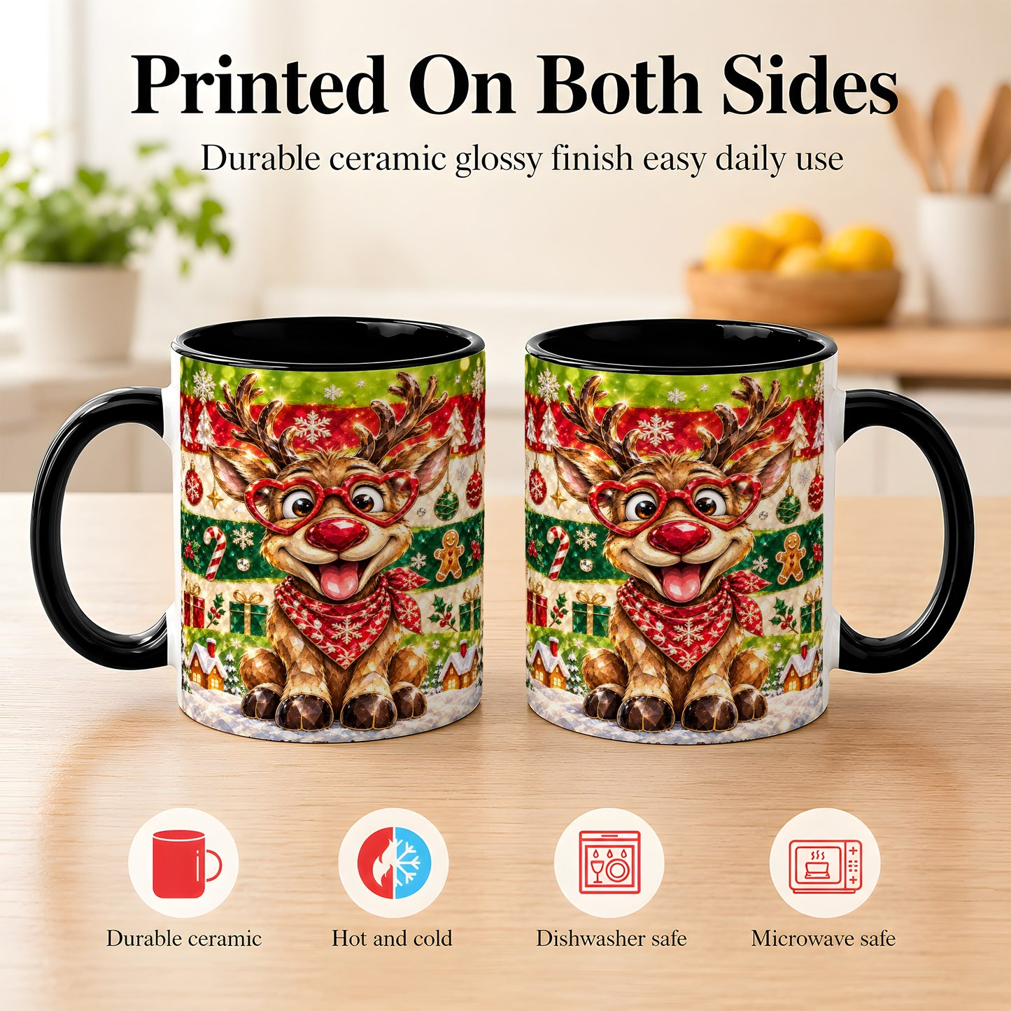 #pl[11oz|Black] Funny Christmas Reindeer Coffee Mug, Heart Glasses Mug, Ceramic Cup