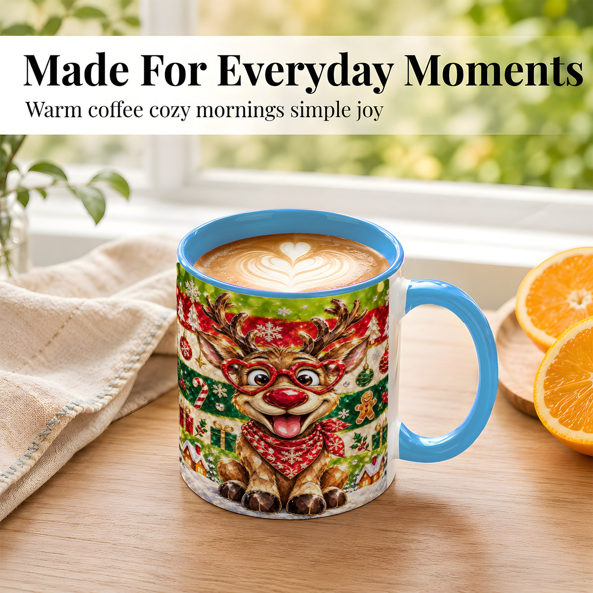 #pl[11oz|Blue] Funny Christmas Reindeer Coffee Mug, Heart Glasses Mug, Ceramic Cup