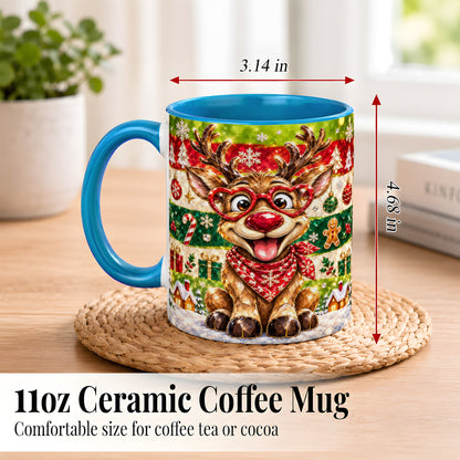 #pl[11oz|Blue] Funny Christmas Reindeer Coffee Mug, Heart Glasses Mug, Ceramic Cup