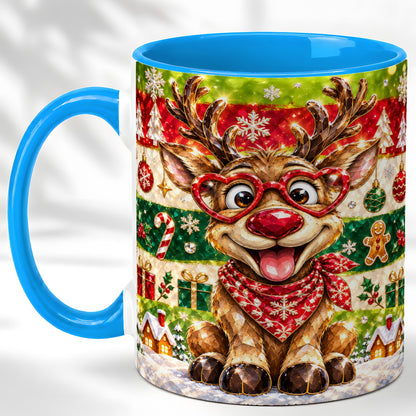 #pl[11oz|Blue] Funny Christmas Reindeer Coffee Mug, Heart Glasses Mug, Ceramic Cup