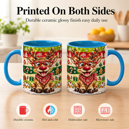 #pl[11oz|Blue] Funny Christmas Reindeer Coffee Mug, Heart Glasses Mug, Ceramic Cup