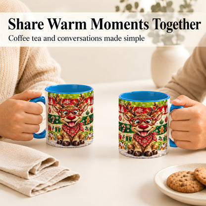 #pl[11oz|Blue] Funny Christmas Reindeer Coffee Mug, Heart Glasses Mug, Ceramic Cup