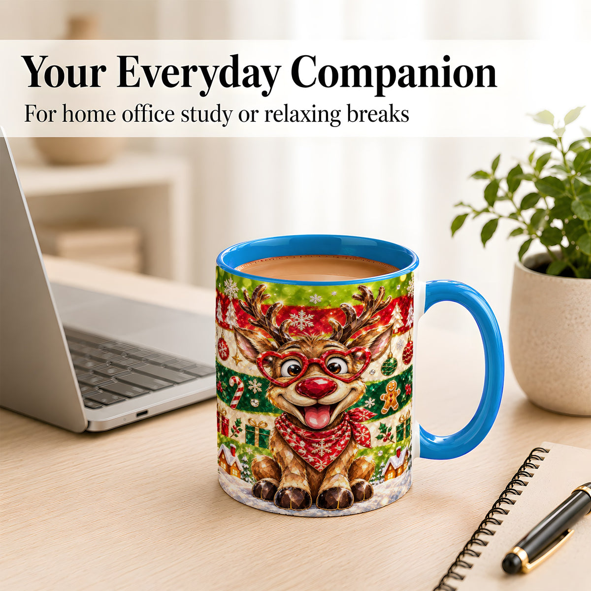 #pl[11oz|Blue] Funny Christmas Reindeer Coffee Mug, Heart Glasses Mug, Ceramic Cup