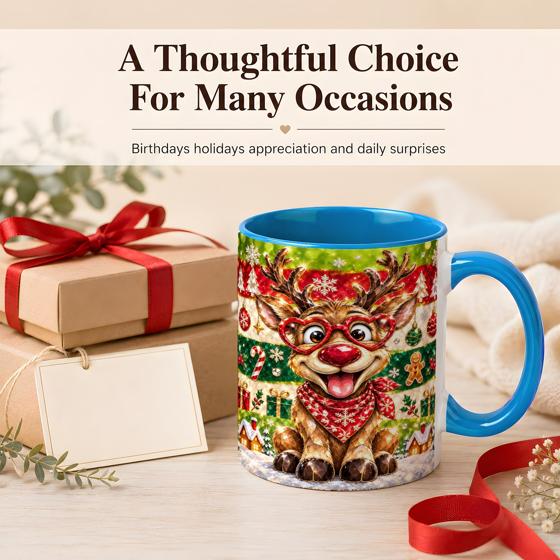 #pl[11oz|Blue] Funny Christmas Reindeer Coffee Mug, Heart Glasses Mug, Ceramic Cup