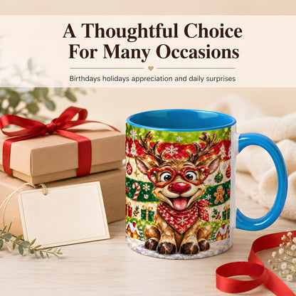 #pl[11oz|Blue] Funny Christmas Reindeer Coffee Mug, Heart Glasses Mug, Ceramic Cup