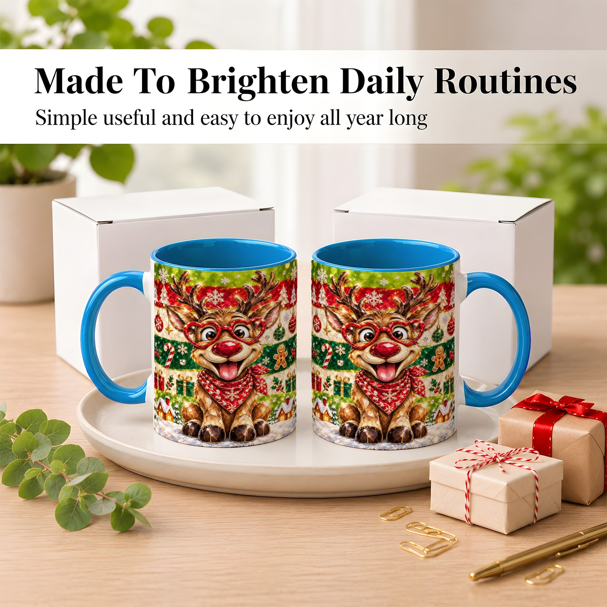#pl[11oz|Blue] Funny Christmas Reindeer Coffee Mug, Heart Glasses Mug, Ceramic Cup