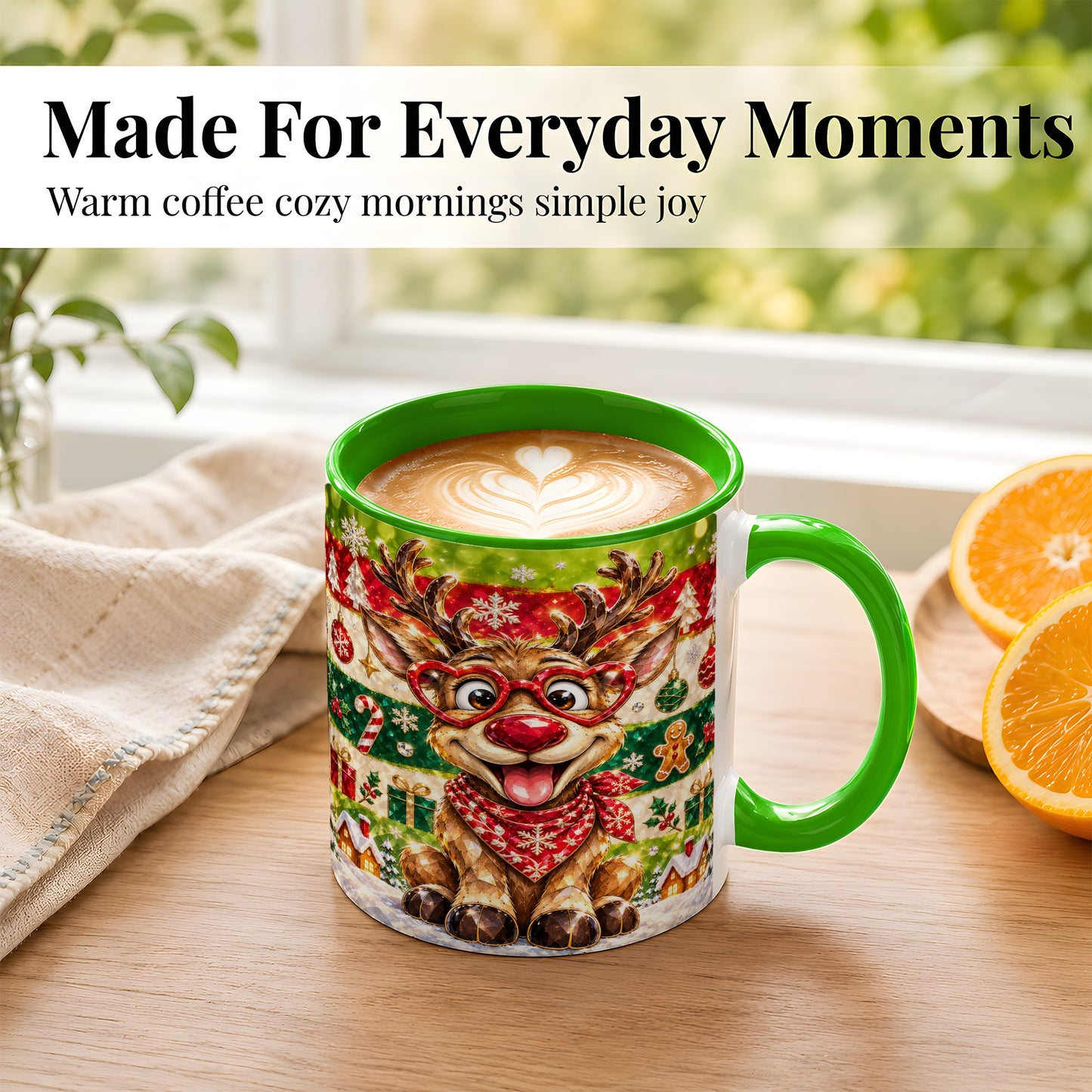 #pl[11oz|Green] Funny Christmas Reindeer Coffee Mug, Heart Glasses Mug, Ceramic Cup